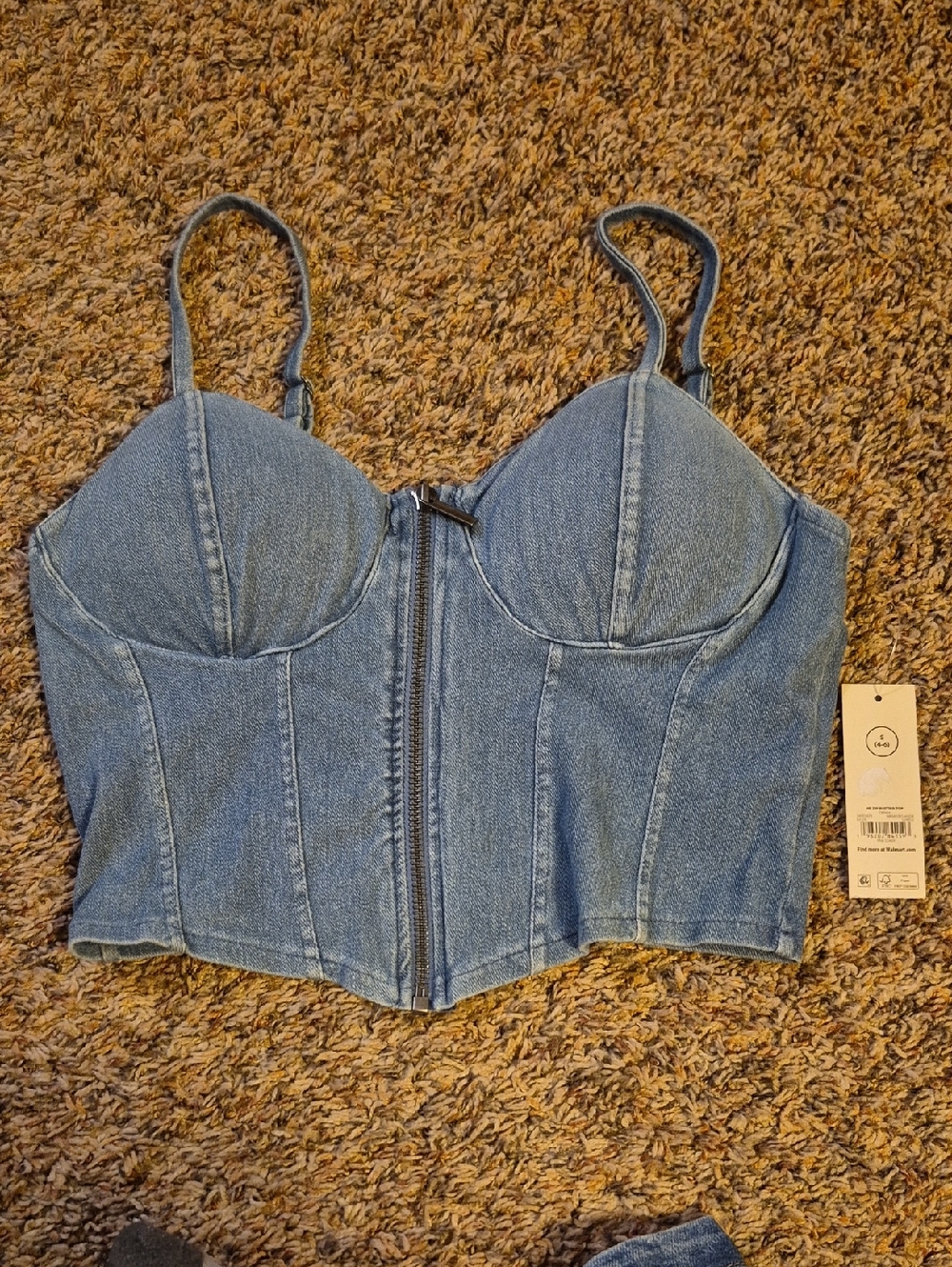 No Boundaries Light Blue Denim Bustier Crop Top with Front Zip